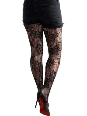 Black Floral Lace Blossom Tights for Women